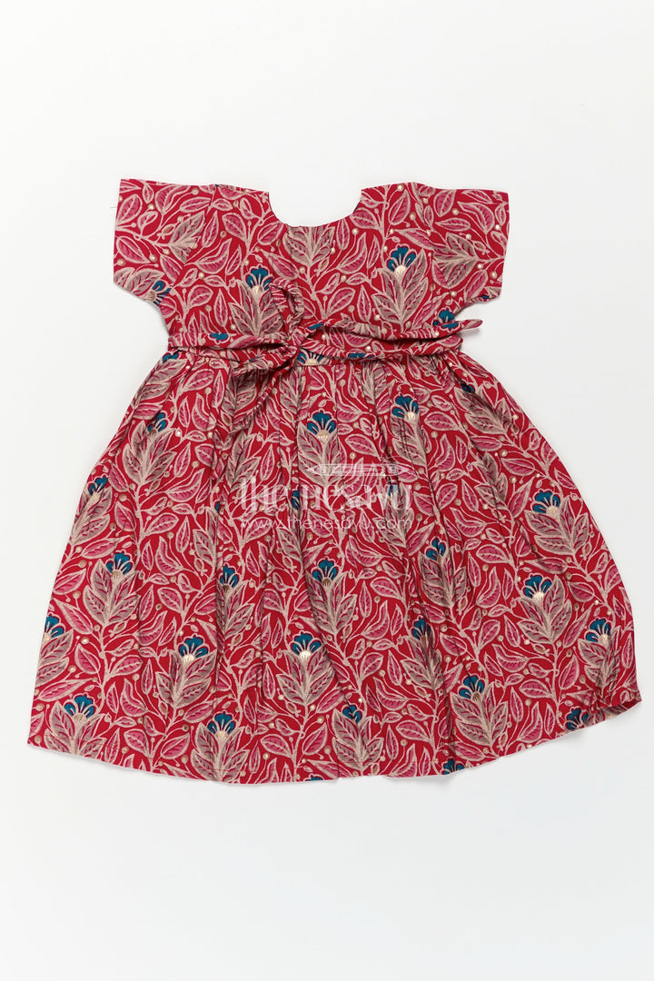 The Nesavu Girls Chanderi Frock Girls Printed Chanderi Frock with Frill Inspired Styling and Traditional Leafy Motif Print Nesavu Traditional Girls Printed Chanderi Frock Frill Styling Bright Festive Patterns | The Nesavu