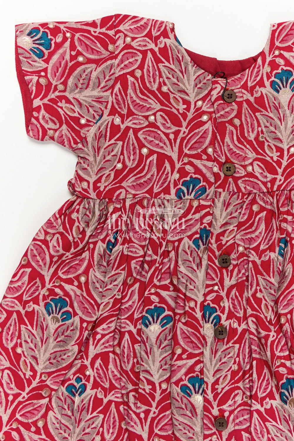 The Nesavu Girls Chanderi Frock Girls Printed Chanderi Frock with Frill Inspired Styling and Traditional Leafy Motif Print Nesavu Traditional Girls Printed Chanderi Frock Frill Styling Bright Festive Patterns | The Nesavu