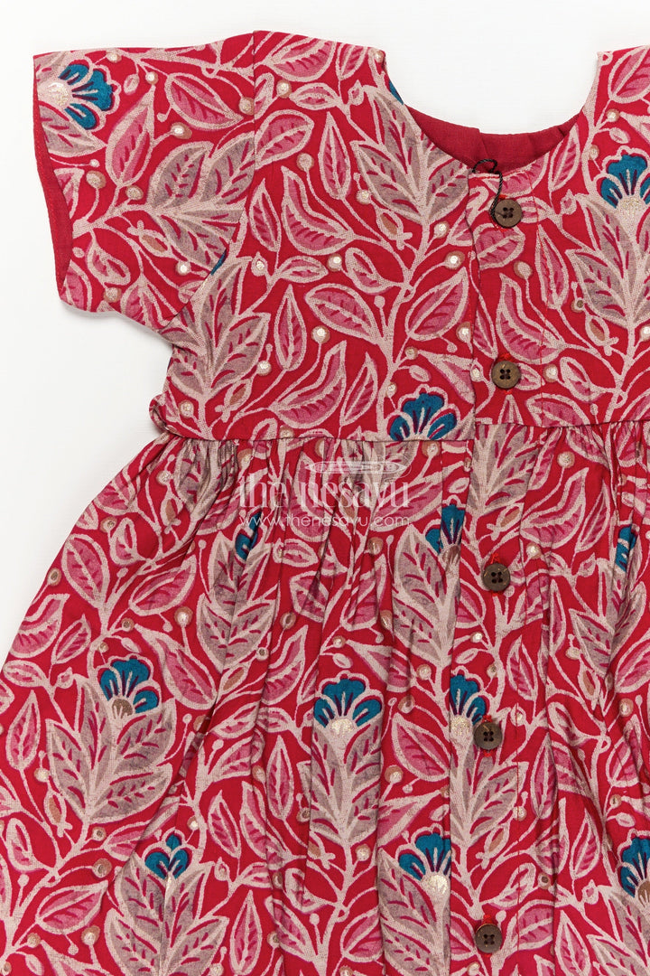 The Nesavu Girls Chanderi Frock Girls Printed Chanderi Frock with Frill Inspired Styling and Traditional Leafy Motif Print Nesavu Traditional Girls Printed Chanderi Frock Frill Styling Bright Festive Patterns | The Nesavu