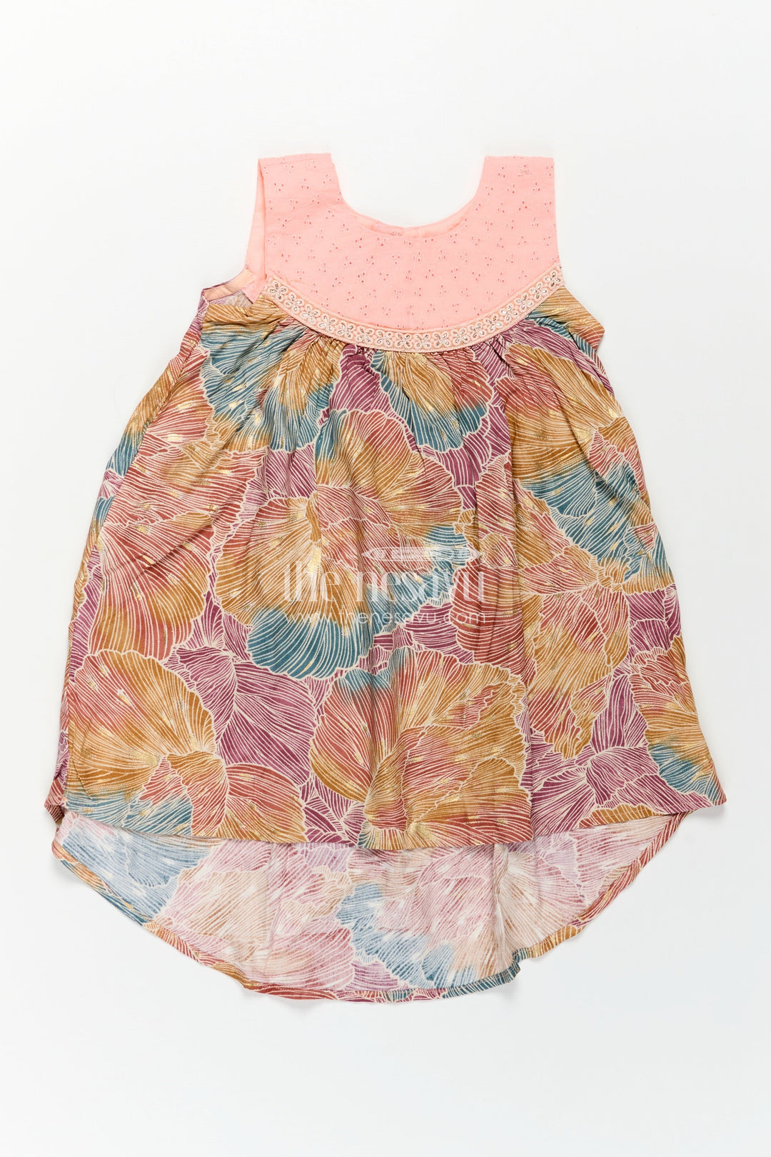The Nesavu Girls Chanderi Frock Girls Printed Chanderi Frock with Multicolour Leaves and Embroidered Yoke in Design Frock Design Style Nesavu 18 (2Y) / Multicolor GFC1734A-18 Girls Printed Chanderi Frock High Low Hem Pink Yoke Unique Design Frock Design Style | The Nesavu