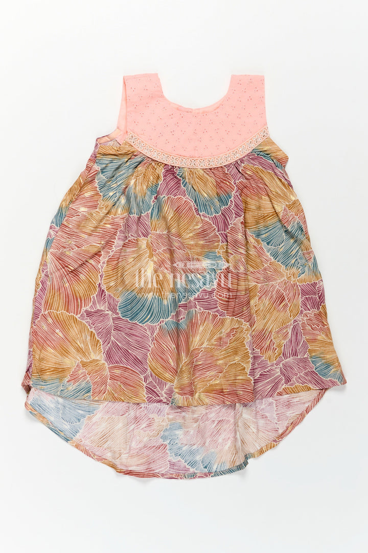 The Nesavu Girls Chanderi Frock Girls Printed Chanderi Frock with Multicolour Leaves and Embroidered Yoke in Design Frock Design Style Nesavu 18 (2Y) / Multicolor GFC1734A-18 Girls Printed Chanderi Frock High Low Hem Pink Yoke Unique Design Frock Design Style | The Nesavu