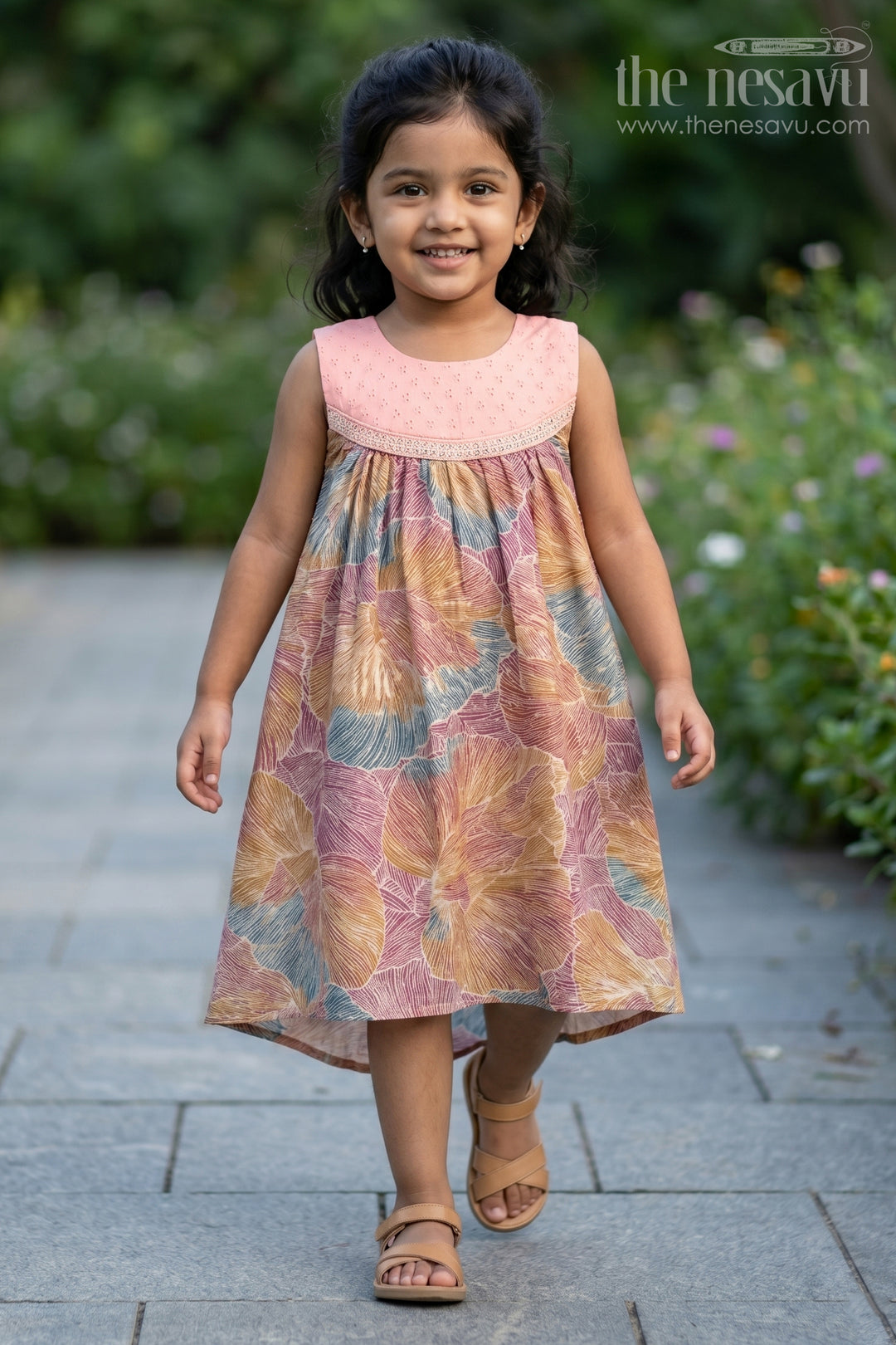 The Nesavu Girls Chanderi Frock Girls Printed Chanderi Frock with Multicolour Leaves and Embroidered Yoke in Design Frock Design Style Nesavu 18 (2Y) / Multicolor GFC1734A-18 Girls Printed Chanderi Frock High Low Hem Pink Yoke Unique Design Frock Design Style | The Nesavu