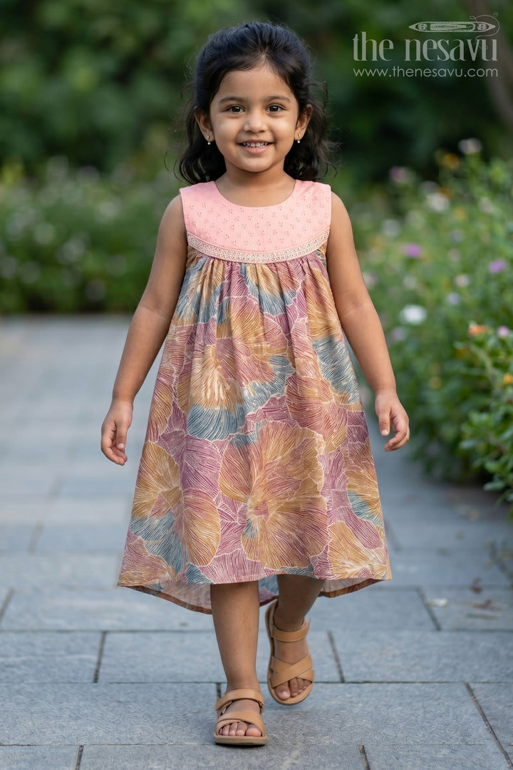 The Nesavu Girls Chanderi Frock Girls Printed Chanderi Frock with Multicolour Leaves and Embroidered Yoke in Design Frock Design Style Nesavu 18 (2Y) / Multicolor GFC1734A-18 Girls Printed Chanderi Frock High Low Hem Pink Yoke Unique Design Frock Design Style | The Nesavu