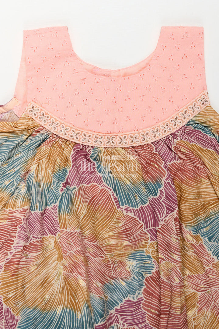 The Nesavu Girls Chanderi Frock Girls Printed Chanderi Frock with Multicolour Leaves and Embroidered Yoke in Design Frock Design Style Nesavu Girls Printed Chanderi Frock High Low Hem Pink Yoke Unique Design Frock Design Style | The Nesavu