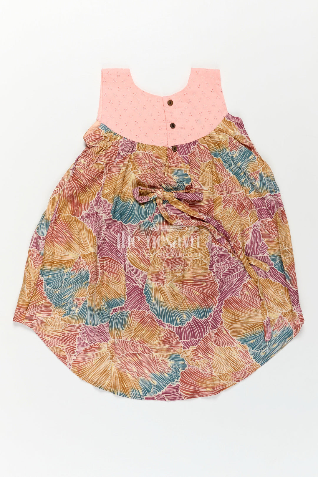 The Nesavu Girls Chanderi Frock Girls Printed Chanderi Frock with Multicolour Leaves and Embroidered Yoke in Design Frock Design Style Nesavu Girls Printed Chanderi Frock High Low Hem Pink Yoke Unique Design Frock Design Style | The Nesavu