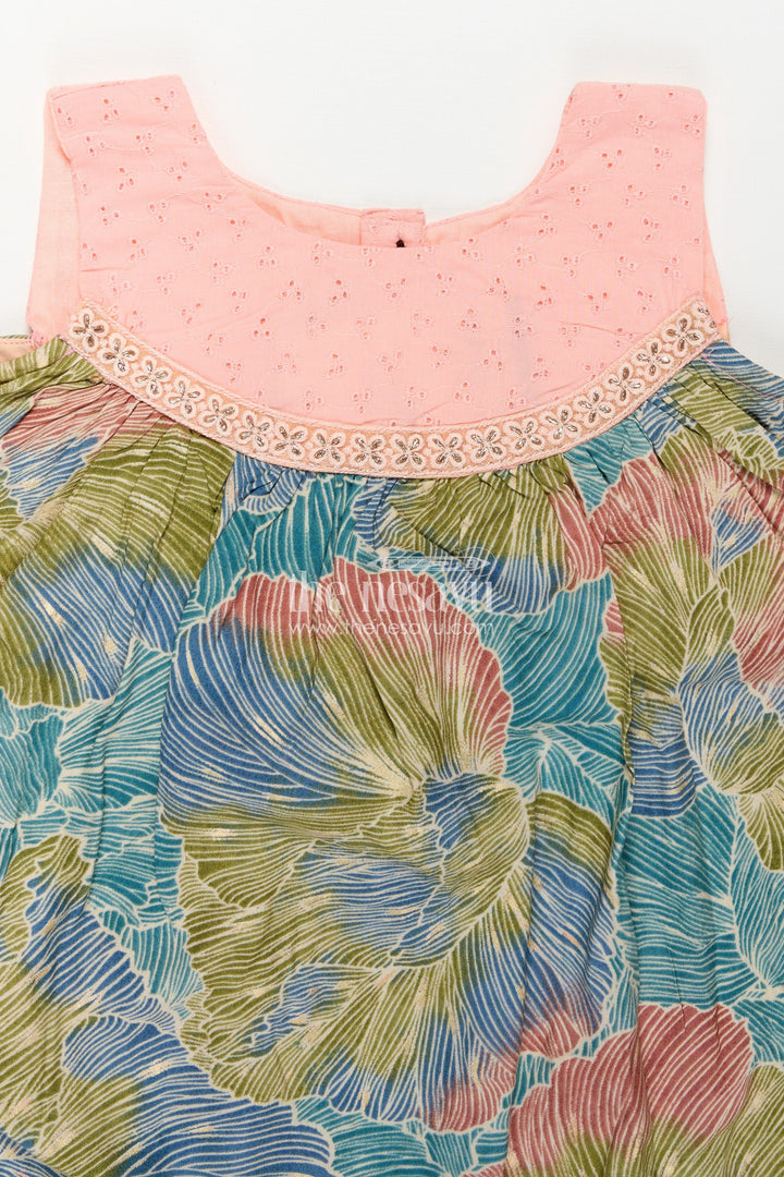 The Nesavu Girls Chanderi Frock Girls Printed Chanderi Frock with Pastel Toned Botanical Motifs and Elegant Flow in Long Frock for Party Style Nesavu Girls Long Frock Party Chanderi Soft Pastel Floral Design Pink Yoke Detailing | The Nesavu
