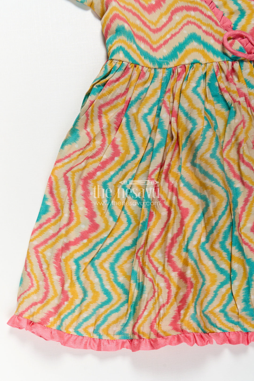 The Nesavu Girls Chanderi Frock Girls Printed Chanderi Frock with Puff Sleeves and Zigzag Patterns in New Model Frock Design Style Nesavu Girls Chanderi Frock Zigzag Print Puff Sleeves Wrap Neck New Model Frock Design Style | The Nesavu