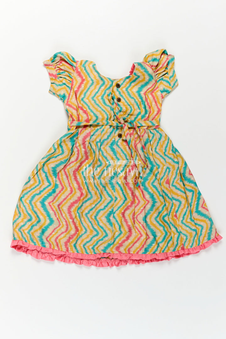 The Nesavu Girls Chanderi Frock Girls Printed Chanderi Frock with Puff Sleeves and Zigzag Patterns in New Model Frock Design Style Nesavu Girls Chanderi Frock Zigzag Print Puff Sleeves Wrap Neck New Model Frock Design Style | The Nesavu