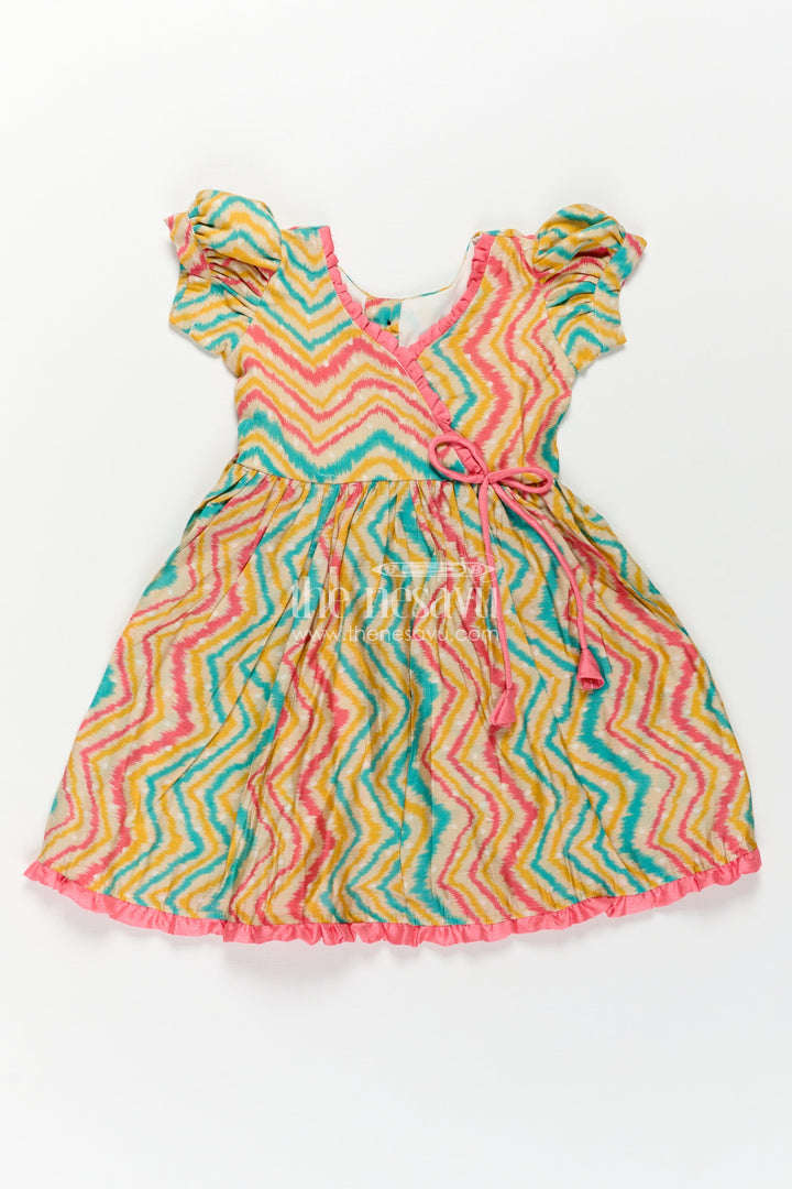 The Nesavu Girls Chanderi Frock Girls Printed Chanderi Frock with Puff Sleeves and Zigzag Patterns in New Model Frock Design Style Nesavu Girls Chanderi Frock Zigzag Print Puff Sleeves Wrap Neck New Model Frock Design Style | The Nesavu