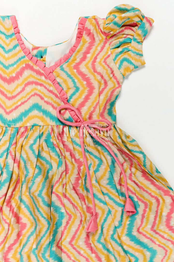 The Nesavu Girls Chanderi Frock Girls Printed Chanderi Frock with Puff Sleeves and Zigzag Patterns in New Model Frock Design Style Nesavu Girls Chanderi Frock Zigzag Print Puff Sleeves Wrap Neck New Model Frock Design Style | The Nesavu