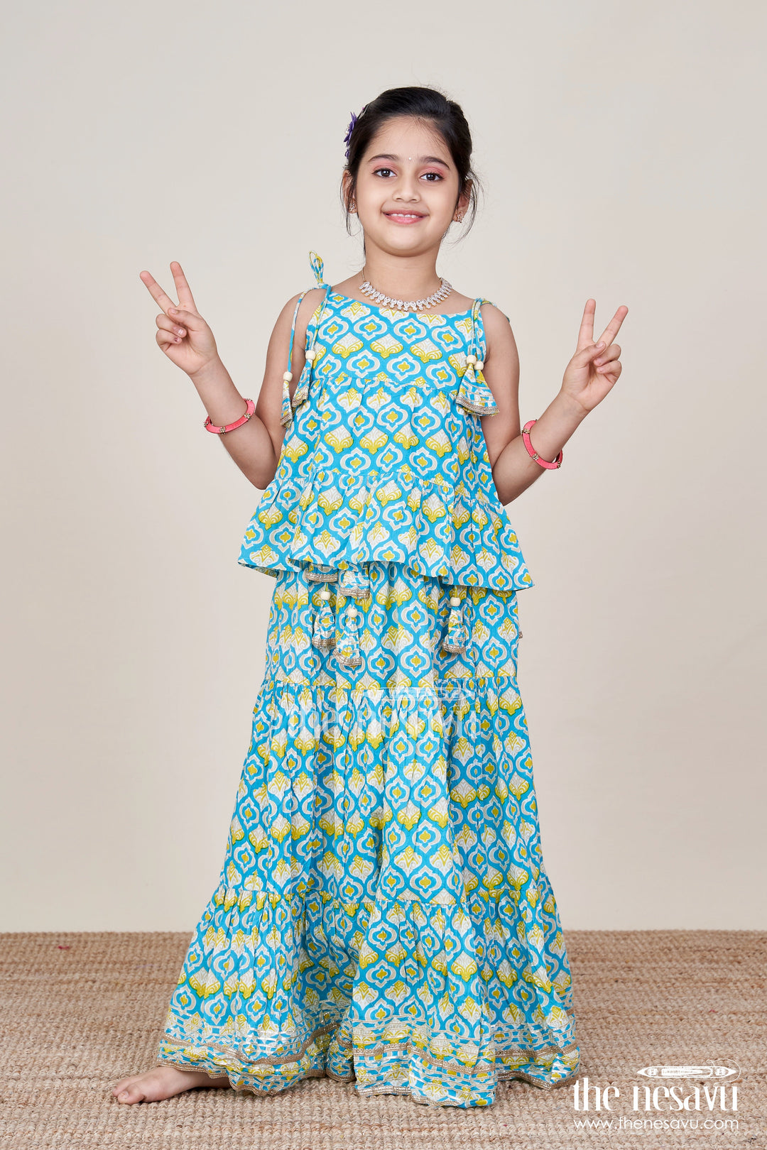 The Nesavu Girls Lehenga Choli Girls Printed Cotton Lehenga Choli with Ruffle Hem and Tassel Belt Nesavu 24 (5Y) / Multicolor GL774A-24 Nesavu Girls Cotton Lehenga Choli Printed Ruffle Skirt Tassel Belt
