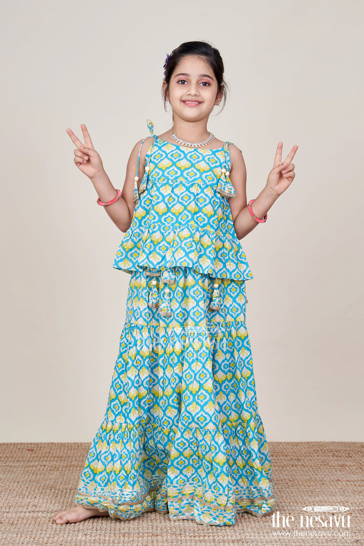 The Nesavu Girls Lehenga Choli Girls Printed Cotton Lehenga Choli with Ruffle Hem and Tassel Belt Nesavu 24 (5Y) / Multicolor GL774A-24 Nesavu Girls Cotton Lehenga Choli Printed Ruffle Skirt Tassel Belt