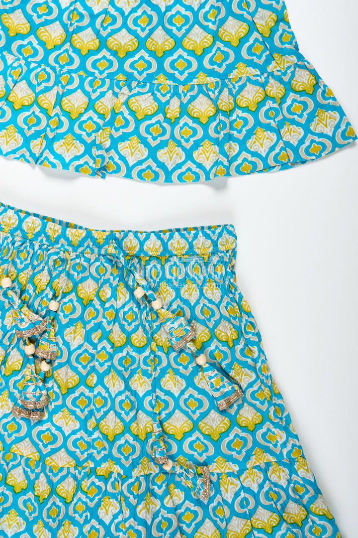 The Nesavu Girls Lehenga Choli Girls Printed Cotton Lehenga Choli with Ruffle Hem and Tassel Belt Nesavu Nesavu Girls Cotton Lehenga Choli Printed Ruffle Skirt Tassel Belt