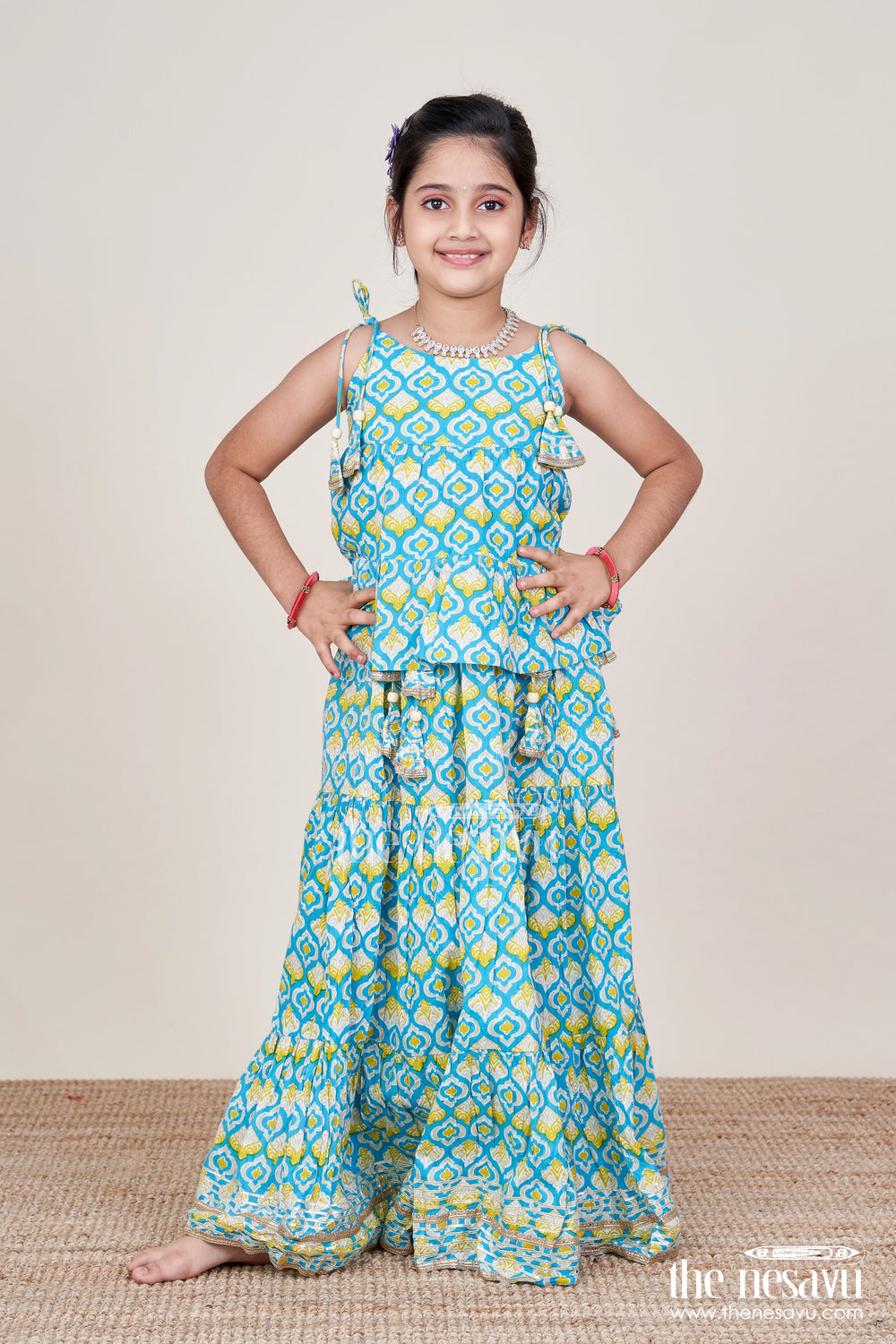 The Nesavu Girls Lehenga Choli Girls Printed Cotton Lehenga Choli with Ruffle Hem and Tassel Belt Nesavu Nesavu Girls Cotton Lehenga Choli Printed Ruffle Skirt Tassel Belt