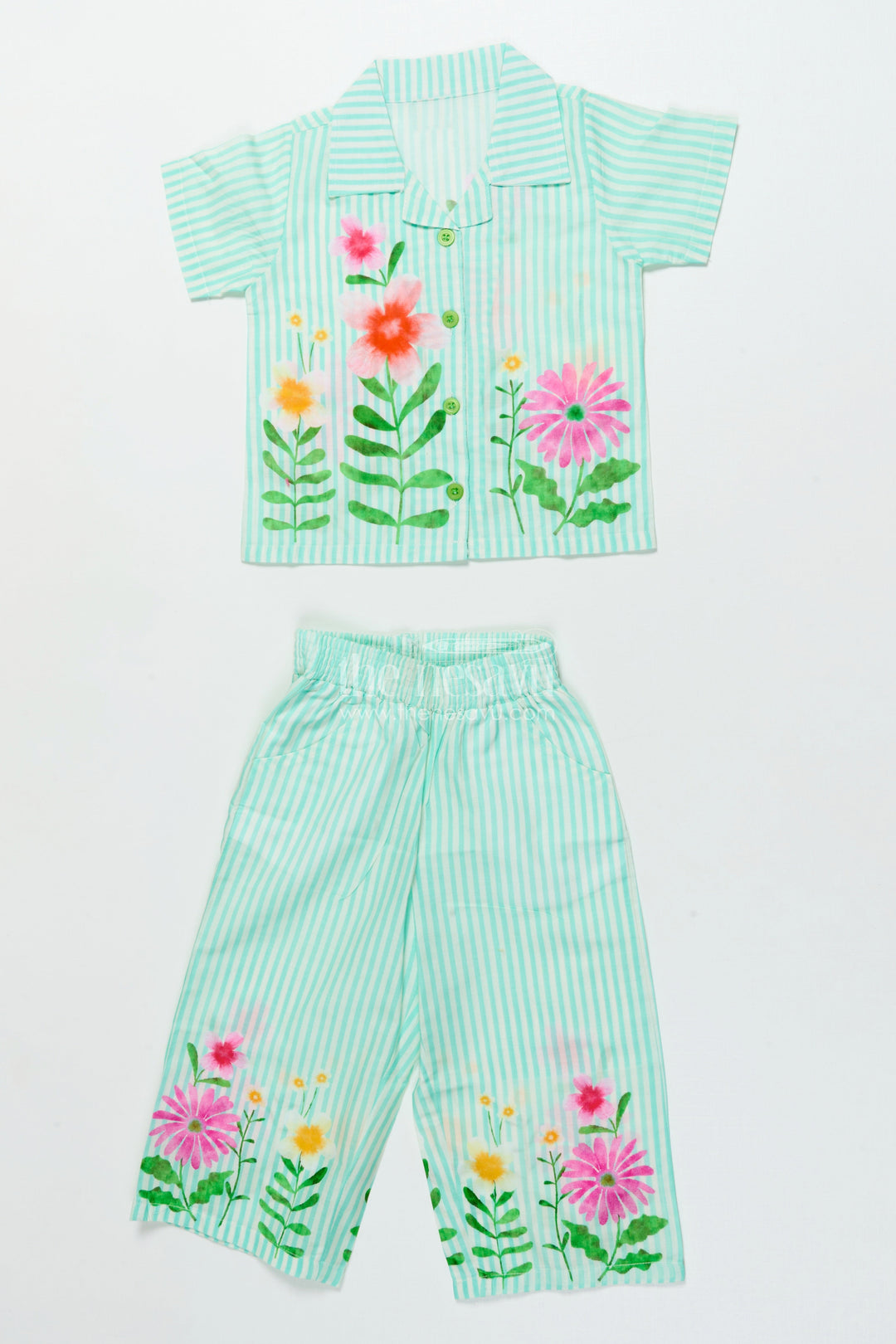 The Nesavu Girls Casual Set Girls Printed Cotton Set with Shirt and Pants for Outings and Play Nesavu 18 (2Y) / Green GPS795A-18 Nesavu girls floral printed cotton set shirt pants perfect casual outfit sunny day adventures