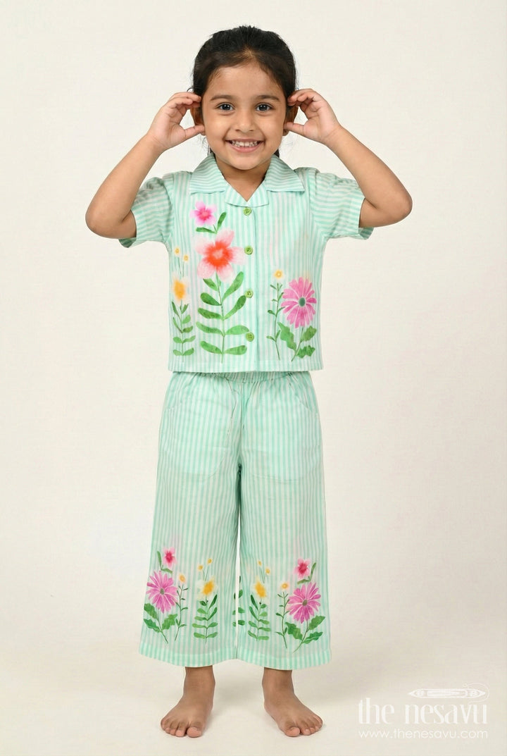 The Nesavu Girls Casual Set Girls Printed Cotton Set with Shirt and Pants for Outings and Play Nesavu 18 (2Y) / Green GPS795A-18 Nesavu girls floral printed cotton set shirt pants perfect casual outfit sunny day adventures