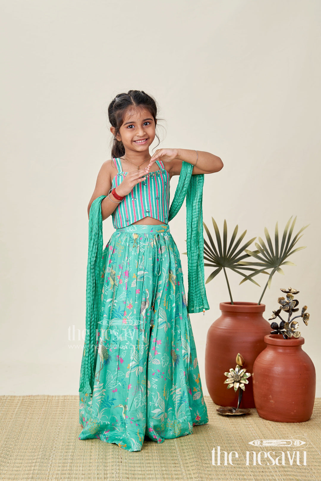 The Nesavu Girls Lehenga Choli Girls Printed Lehenga Choli Set Festive Traditional Wear Nesavu 18 (2Y) / Green GL666A-18 Nesavu Green Girls Lehenga Set Bird Printed Skirt Mirror Work Blouse Ethnic Wear