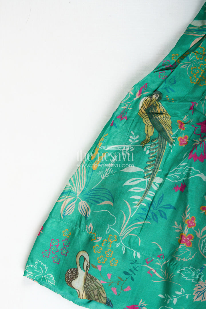 The Nesavu Girls Lehenga Choli Girls Printed Lehenga Choli Set Festive Traditional Wear Nesavu Nesavu Green Girls Lehenga Set Bird Printed Skirt Mirror Work Blouse Ethnic Wear
