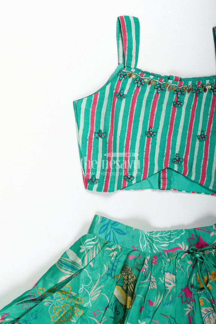 The Nesavu Girls Lehenga Choli Girls Printed Lehenga Choli Set Festive Traditional Wear Nesavu Nesavu Green Girls Lehenga Set Bird Printed Skirt Mirror Work Blouse Ethnic Wear