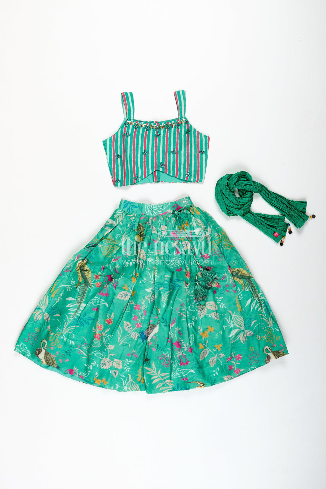 The Nesavu Girls Lehenga Choli Girls Printed Lehenga Choli Set Festive Traditional Wear Nesavu Nesavu Green Girls Lehenga Set Bird Printed Skirt Mirror Work Blouse Ethnic Wear