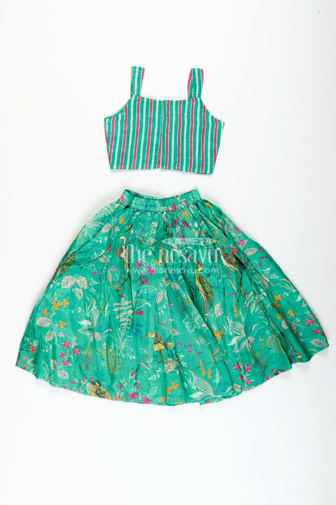 The Nesavu Girls Lehenga Choli Girls Printed Lehenga Choli Set Festive Traditional Wear Nesavu Nesavu Green Girls Lehenga Set Bird Printed Skirt Mirror Work Blouse Ethnic Wear