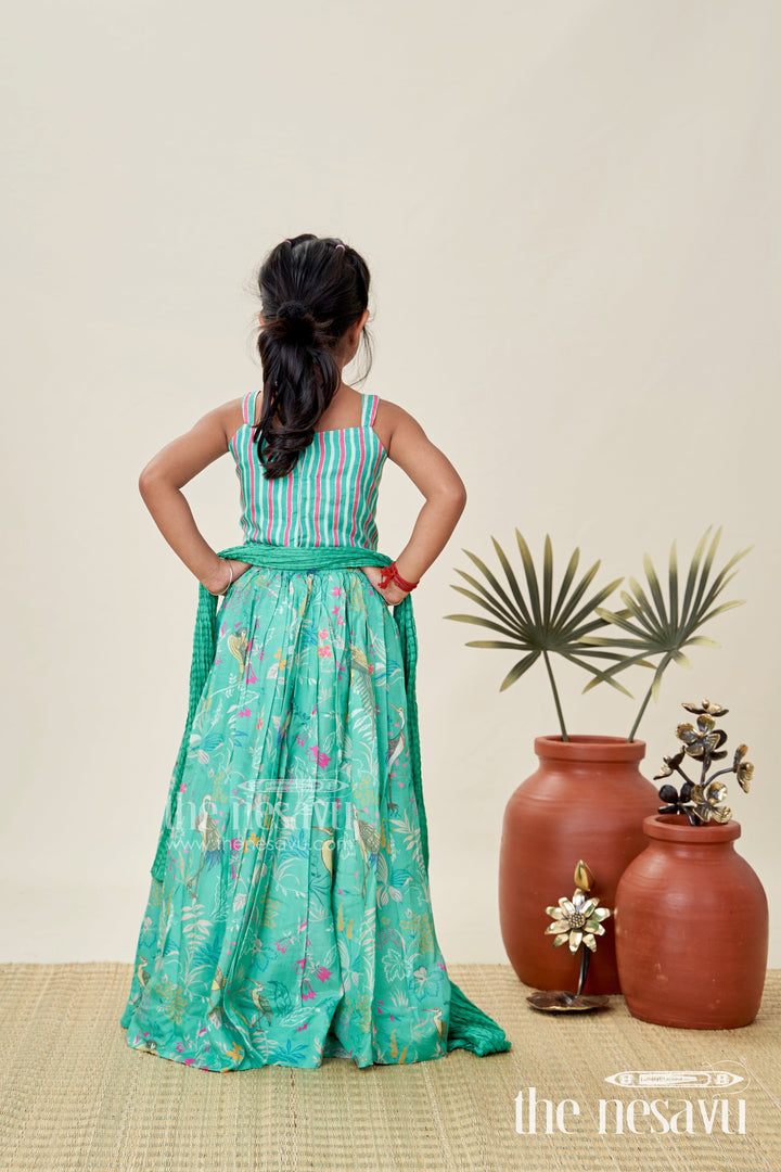 The Nesavu Girls Lehenga Choli Girls Printed Lehenga Choli Set Festive Traditional Wear Nesavu Nesavu Green Girls Lehenga Set Bird Printed Skirt Mirror Work Blouse Ethnic Wear