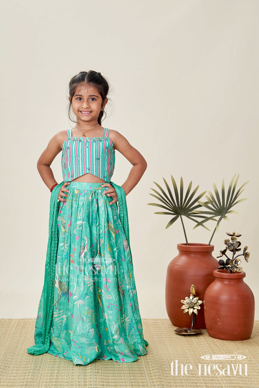 The Nesavu Girls Lehenga Choli Girls Printed Lehenga Choli Set Festive Traditional Wear Nesavu Nesavu Green Girls Lehenga Set Bird Printed Skirt Mirror Work Blouse Ethnic Wear