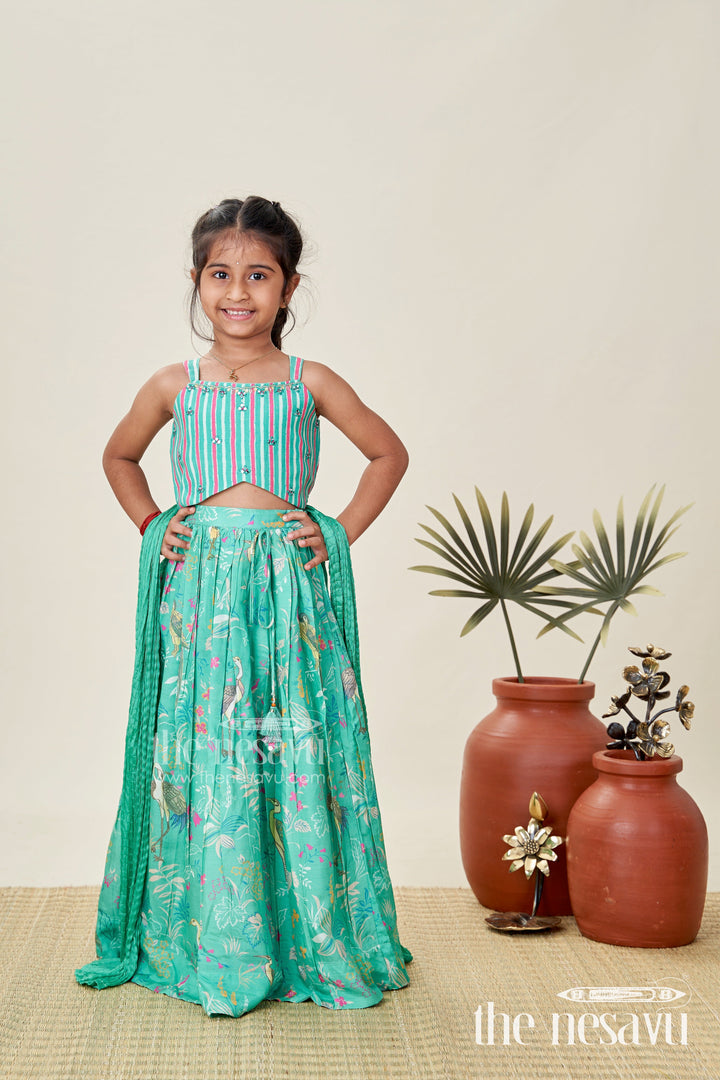 The Nesavu Girls Lehenga Choli Girls Printed Lehenga Choli Set Festive Traditional Wear Nesavu Nesavu Green Girls Lehenga Set Bird Printed Skirt Mirror Work Blouse Ethnic Wear