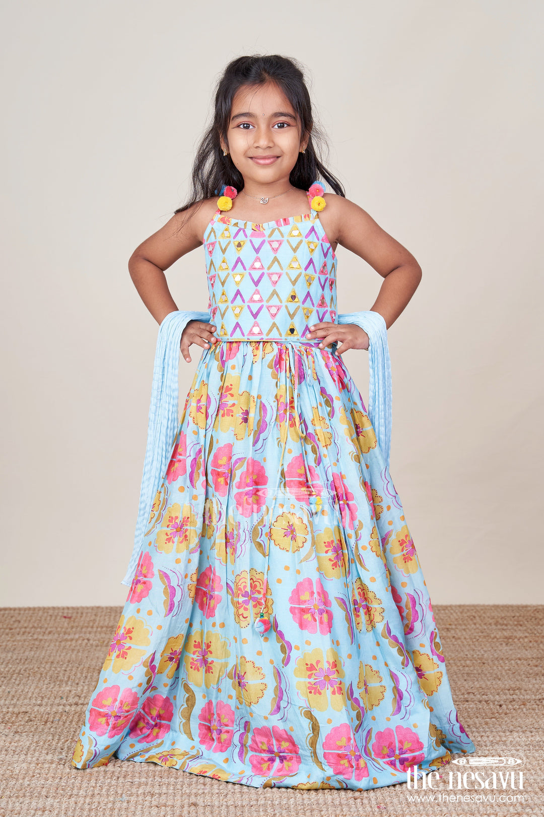 The Nesavu Girls Lehenga Choli Girls Printed Lehenga Choli Set with Matching Dupatta for Celebrations Nesavu Nesavu girls printed viscose silk lehenga choli dupatta party wear set