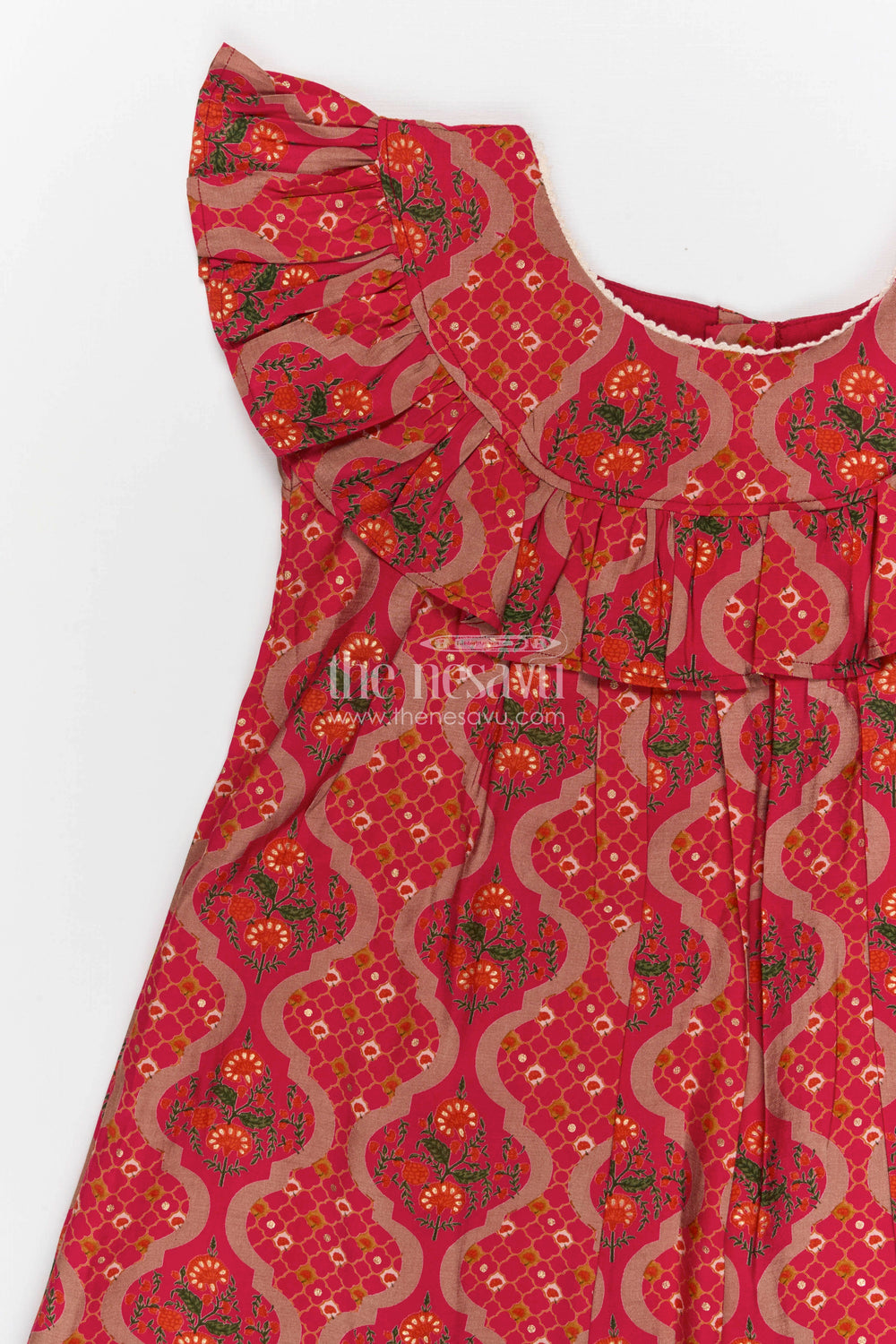 The Nesavu Girls Cotton Frock Girls Printed Party Dress for Birthdays and Celebrations Nesavu 22 (4Y) / Pink / Modal GFC2122B-22 Nesavu Girls Modal Silk Printed Party Dress With Ruffle Sleeves For Birthdays And Festive Events