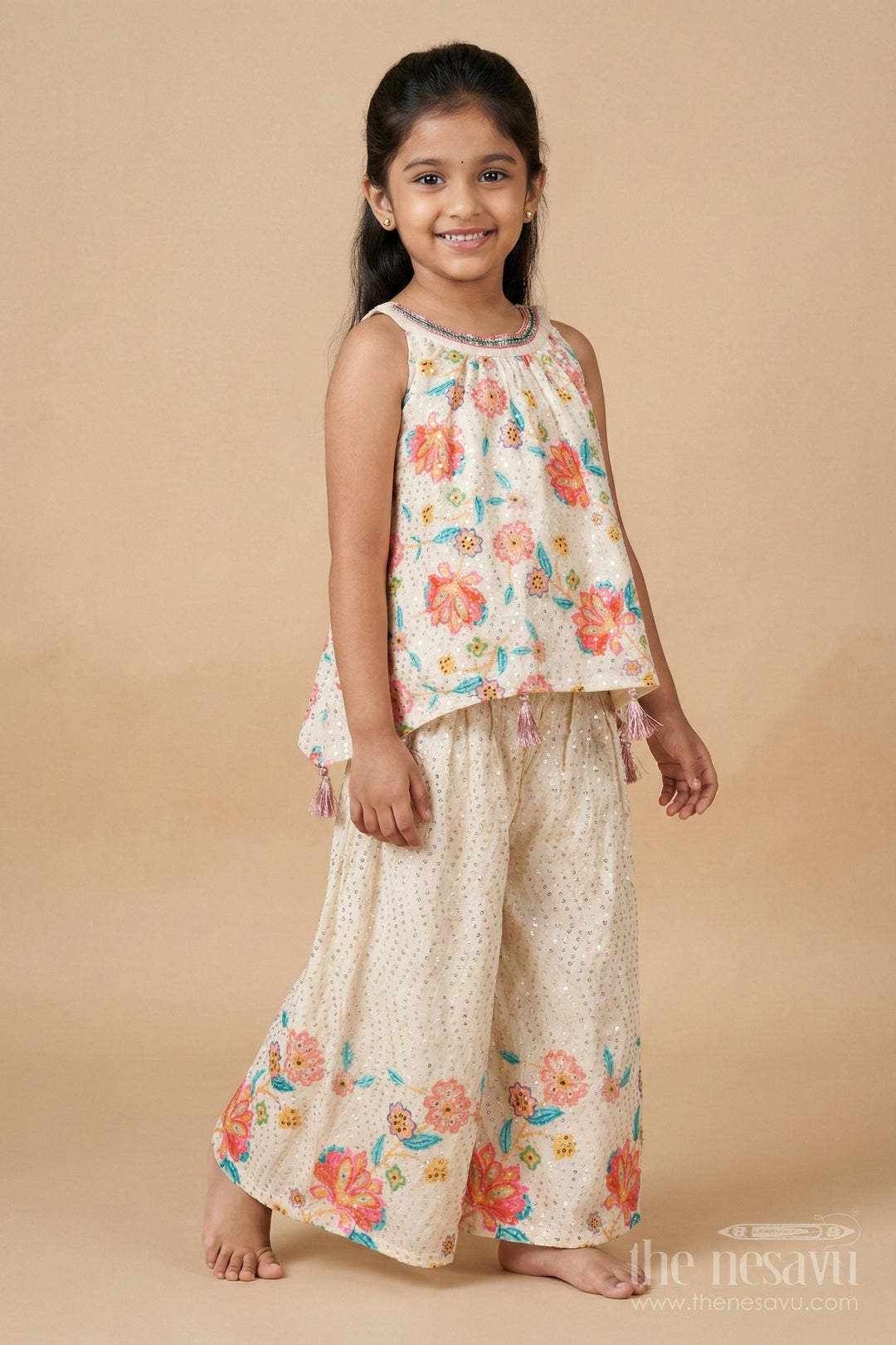 The Nesavu Girls Sharara / Plazo Set Girls Printed Sharara Set for Haldi, Birthday and Festive Gatherings Nesavu Nesavu girls chinon silk printed sharara set for haldi, birthdays and festive gatherings