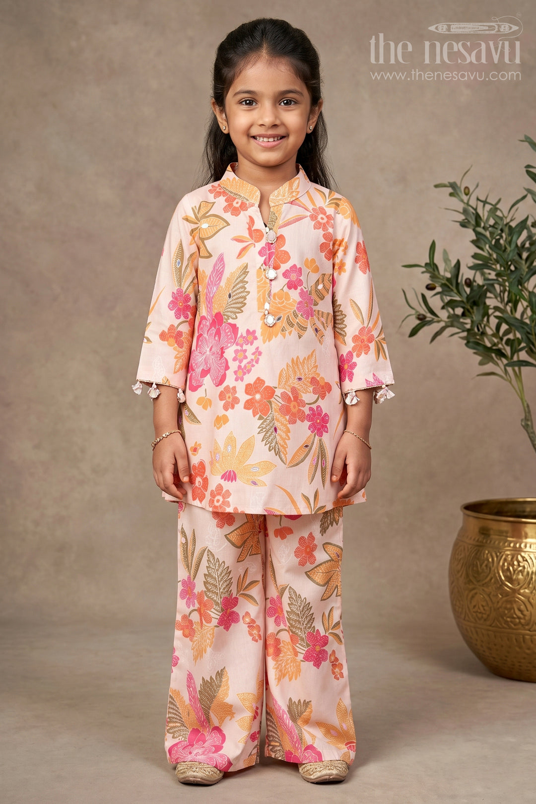 The Nesavu Girls Co-Ord Sets Girls Printed Sharara Set in Soft Cotton for Summer Ethnic Wear Nesavu 24 (5Y) / Cream GPS666A-24 Nesavu girls cotton sharara set digital floral print comfortable ethnic wear