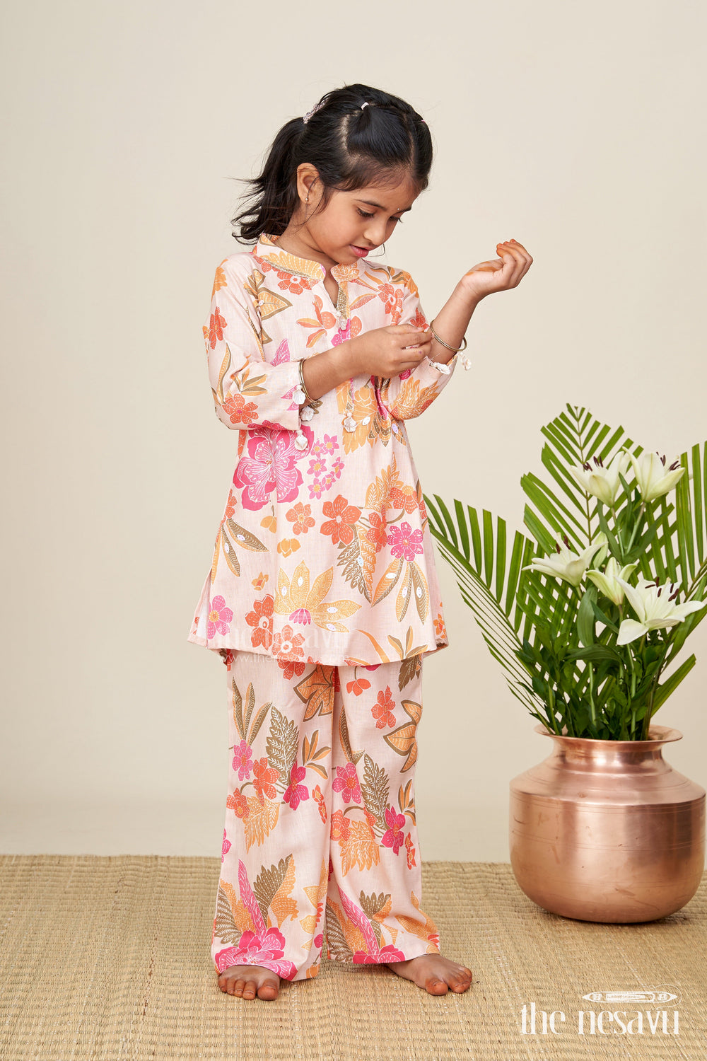 The Nesavu Girls Sharara / Plazo Set Girls printed sharara set in soft cotton for summer ethnic wear Nesavu 24 (5Y) / Cream GPS666A-24 Nesavu girls cotton sharara set digital floral print comfortable ethnic wear