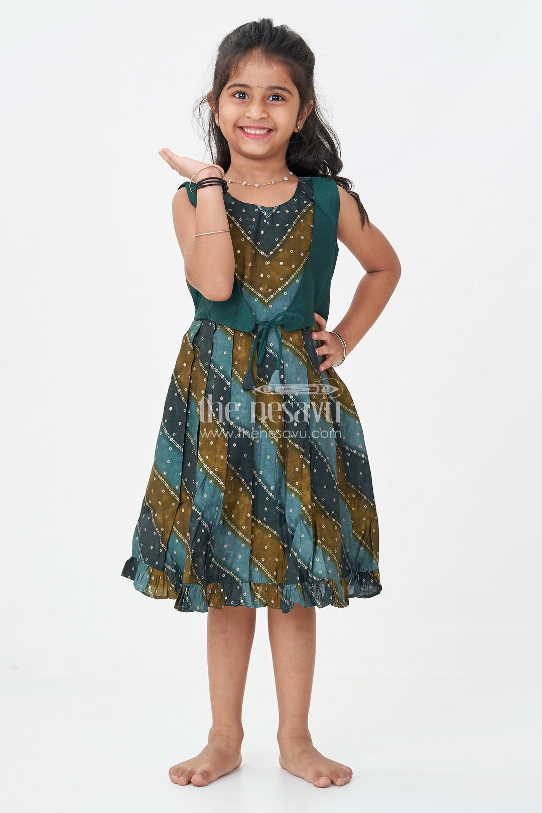 The Nesavu Girls Chanderi Frock Girls Printed Viscose Frock in Deep Green with Mirror Print and Waist Tie for Aesthetic Long Frock Appeal Nesavu 18 (2Y) / Green GFC1736A-18 Girls Aesthetic Long Frock Green Viscose Mirror Printed Panels Coordinated Waist Tie | The Nesavu