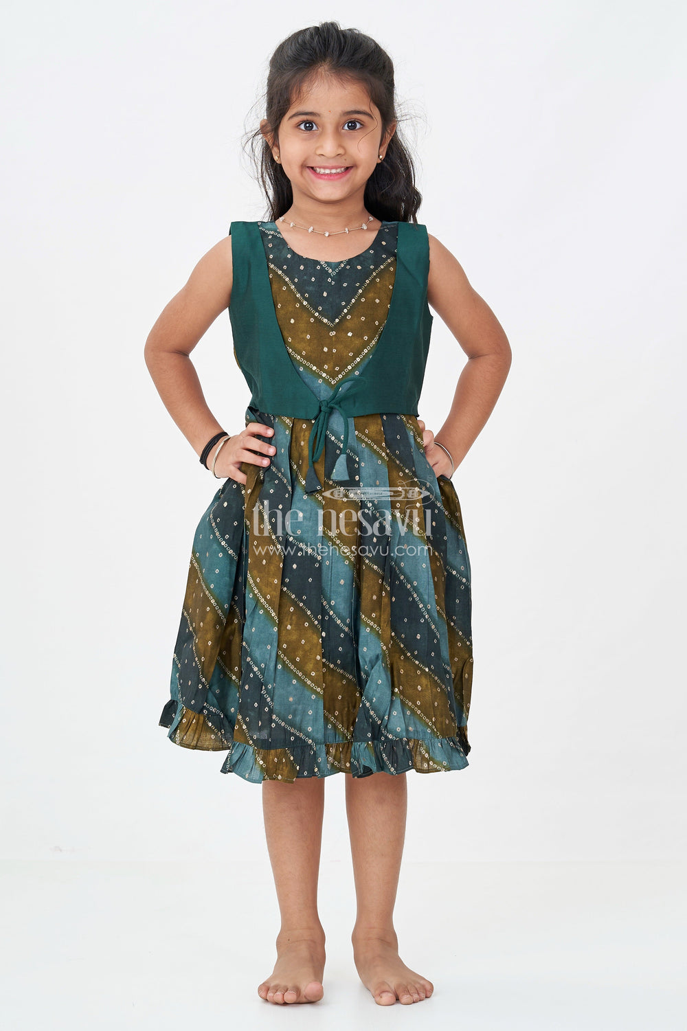 The Nesavu Girls Chanderi Frock Girls Printed Viscose Frock in Deep Green with Mirror Print and Waist Tie for Aesthetic Long Frock Appeal Nesavu Girls Aesthetic Long Frock Green Viscose Mirror Printed Panels Coordinated Waist Tie | The Nesavu
