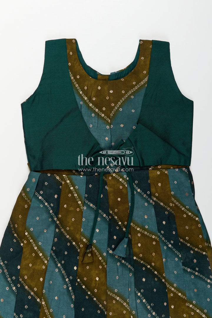 The Nesavu Girls Chanderi Frock Girls Printed Viscose Frock in Deep Green with Mirror Print and Waist Tie for Aesthetic Long Frock Appeal Nesavu Girls Aesthetic Long Frock Green Viscose Mirror Printed Panels Coordinated Waist Tie | The Nesavu
