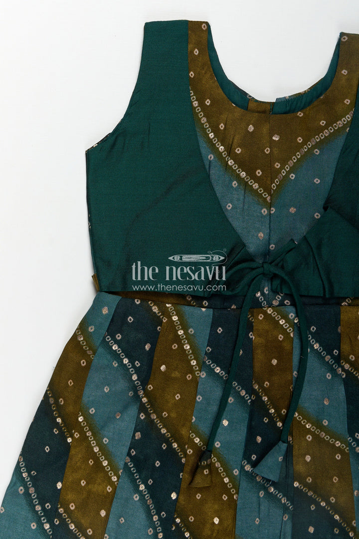 The Nesavu Girls Chanderi Frock Girls Printed Viscose Frock in Deep Green with Mirror Print and Waist Tie for Aesthetic Long Frock Appeal Nesavu Girls Aesthetic Long Frock Green Viscose Mirror Printed Panels Coordinated Waist Tie | The Nesavu