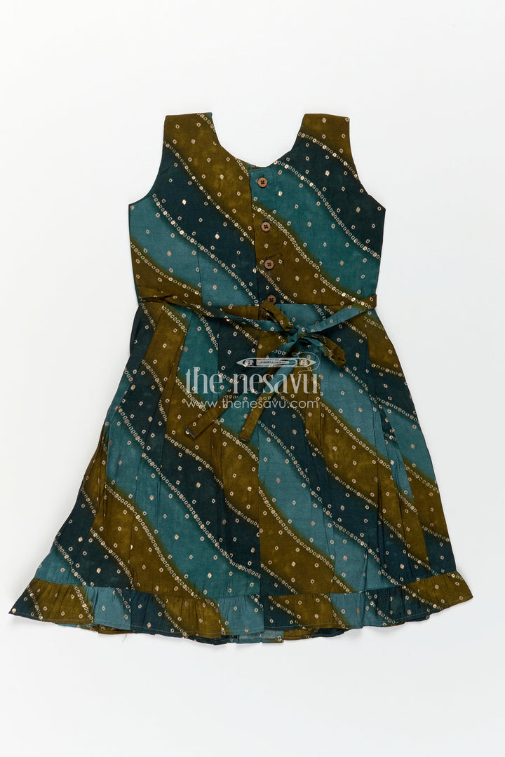 The Nesavu Girls Chanderi Frock Girls Printed Viscose Frock in Deep Green with Mirror Print and Waist Tie for Aesthetic Long Frock Appeal Nesavu Girls Aesthetic Long Frock Green Viscose Mirror Printed Panels Coordinated Waist Tie | The Nesavu