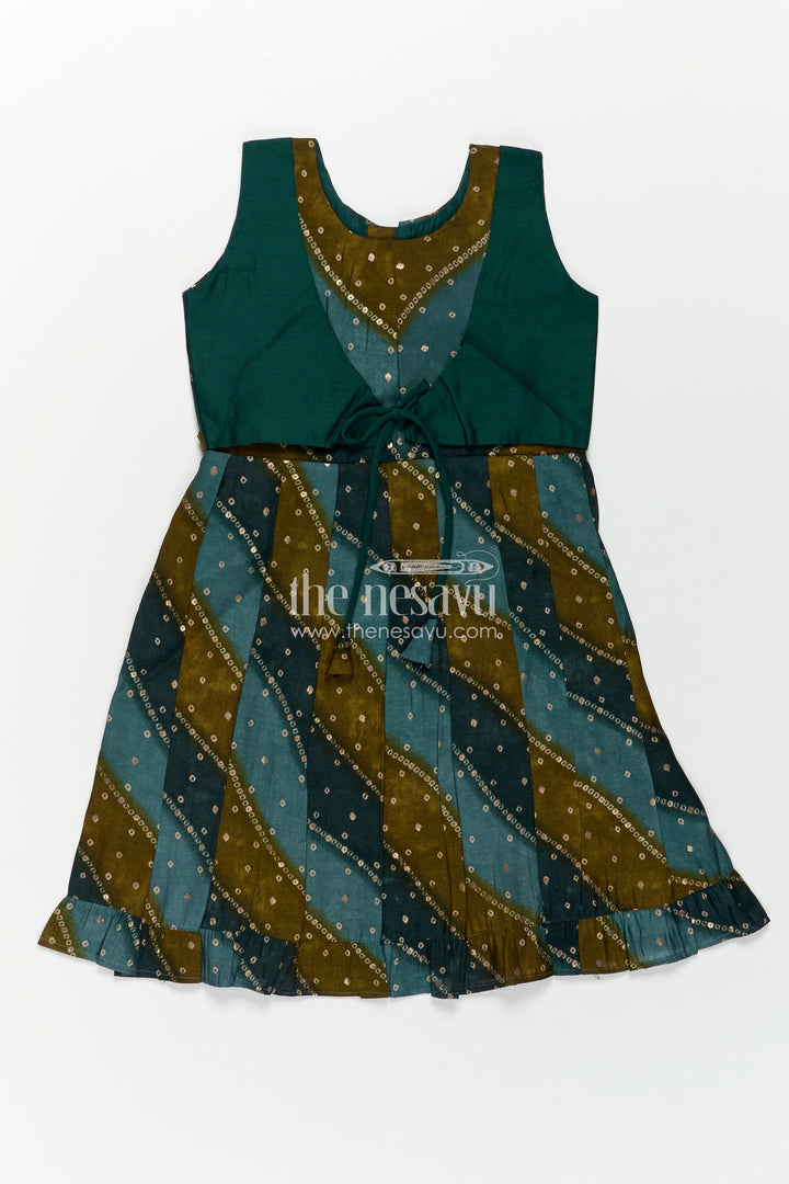 The Nesavu Girls Chanderi Frock Girls Printed Viscose Frock in Deep Green with Mirror Print and Waist Tie for Aesthetic Long Frock Appeal Nesavu Girls Aesthetic Long Frock Green Viscose Mirror Printed Panels Coordinated Waist Tie | The Nesavu