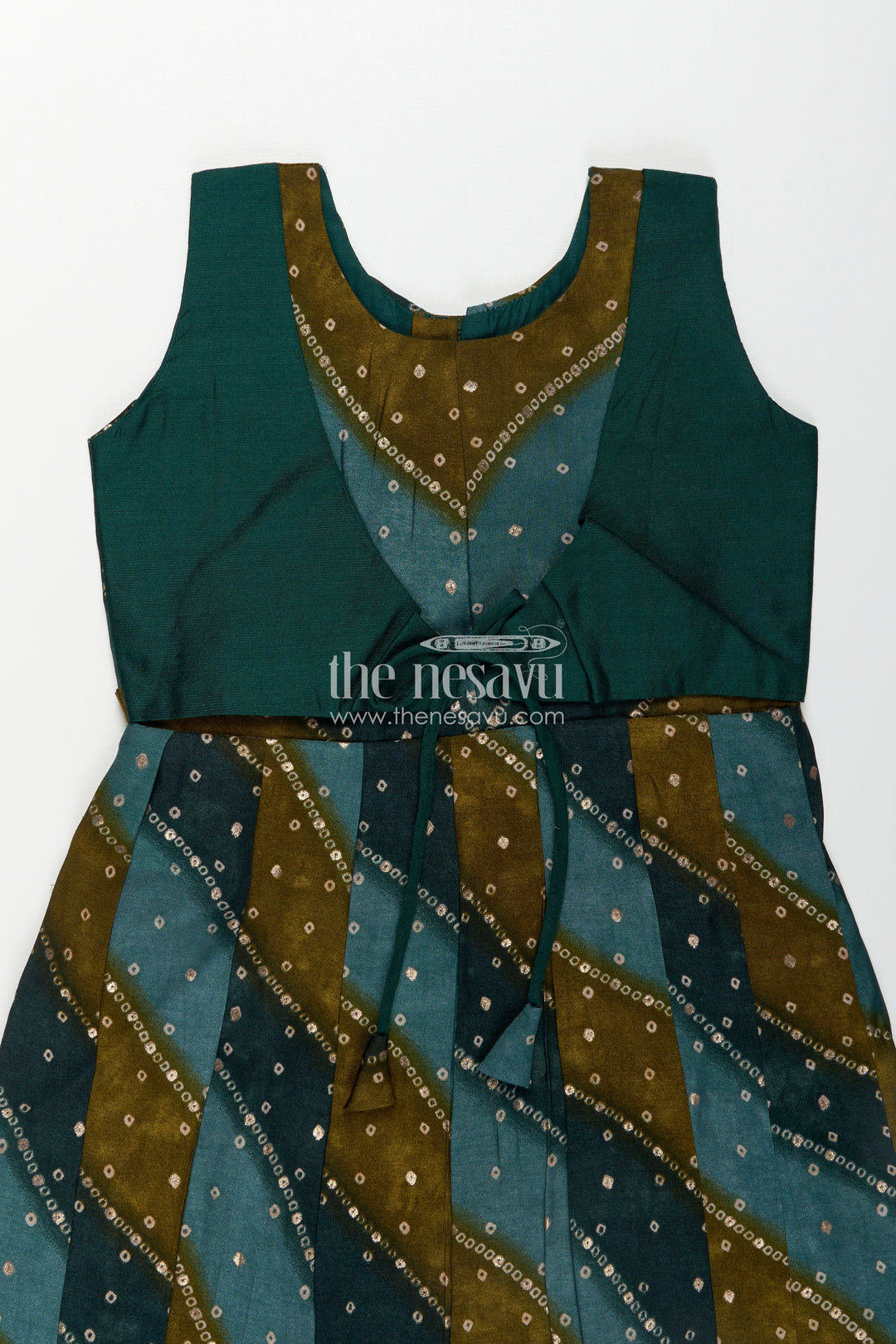 The Nesavu Girls Chanderi Frock Girls Printed Viscose Frock in Deep Green with Mirror Print and Waist Tie for Aesthetic Long Frock Appeal Nesavu Girls Aesthetic Long Frock Green Viscose Mirror Printed Panels Coordinated Waist Tie | The Nesavu