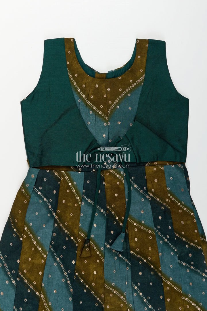 The Nesavu Girls Chanderi Frock Girls Printed Viscose Frock in Deep Green with Mirror Print and Waist Tie for Aesthetic Long Frock Appeal Nesavu Girls Aesthetic Long Frock Green Viscose Mirror Printed Panels Coordinated Waist Tie | The Nesavu