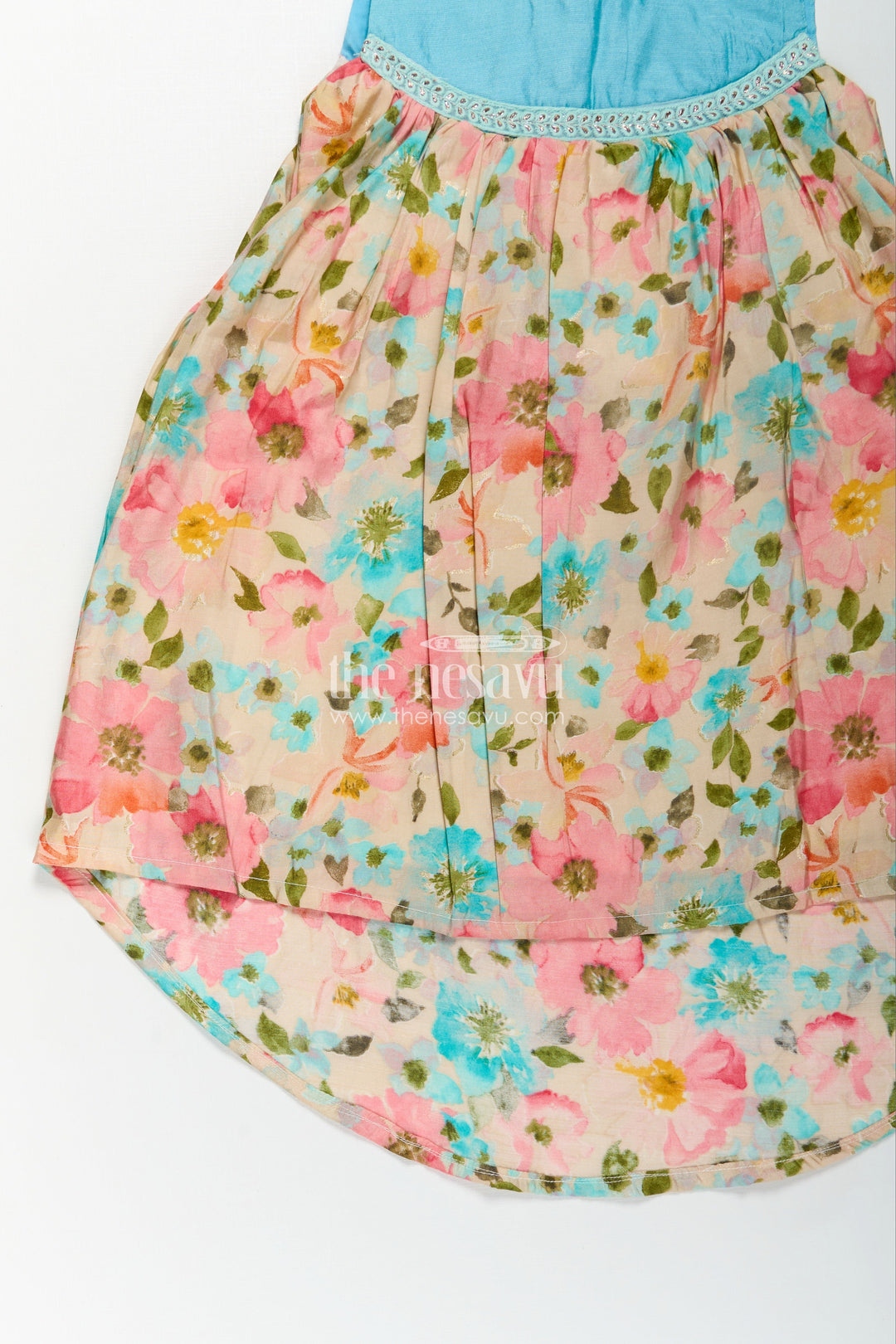 The Nesavu Girls Chanderi Frock Girls Printed Viscose Frock with Bright Floral Motifs and Blue Yoke in Long Frock for Party Wear Style Nesavu Girls Long Frock Party Wear Floral Printed Viscose Blue Embroidered Yoke Flowy Fit | The Nesavu