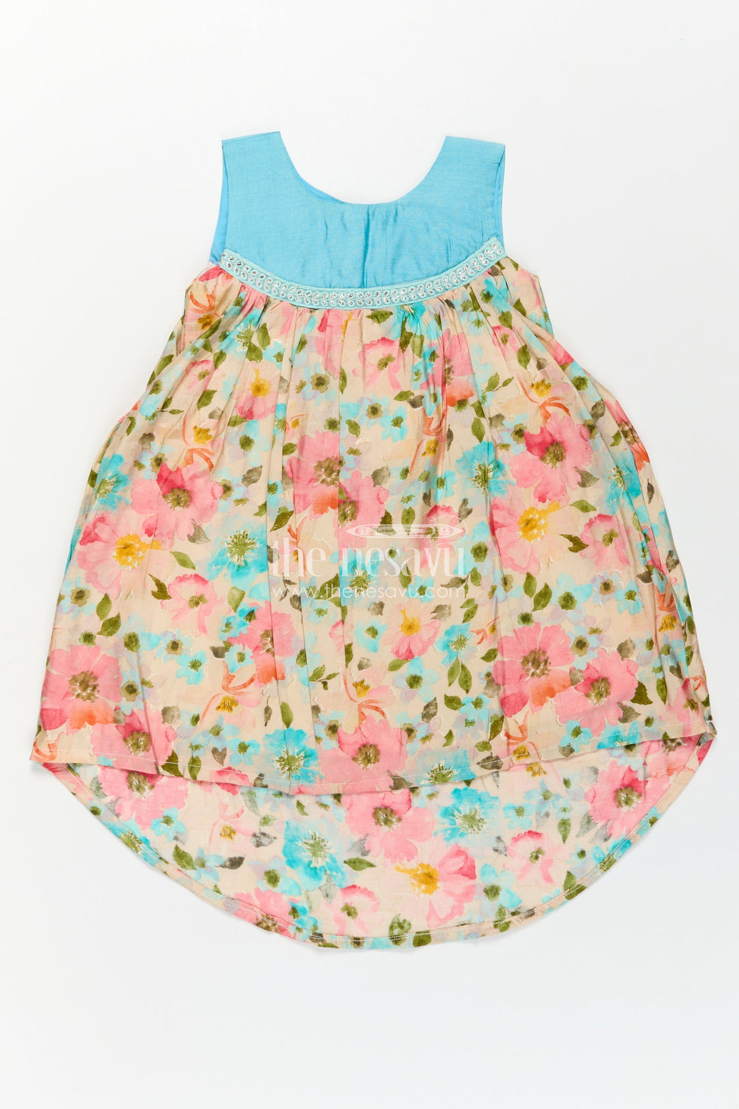 The Nesavu Girls Chanderi Frock Girls Printed Viscose Frock with Bright Floral Motifs and Blue Yoke in Long Frock for Party Wear Style Nesavu Girls Long Frock Party Wear Floral Printed Viscose Blue Embroidered Yoke Flowy Fit | The Nesavu