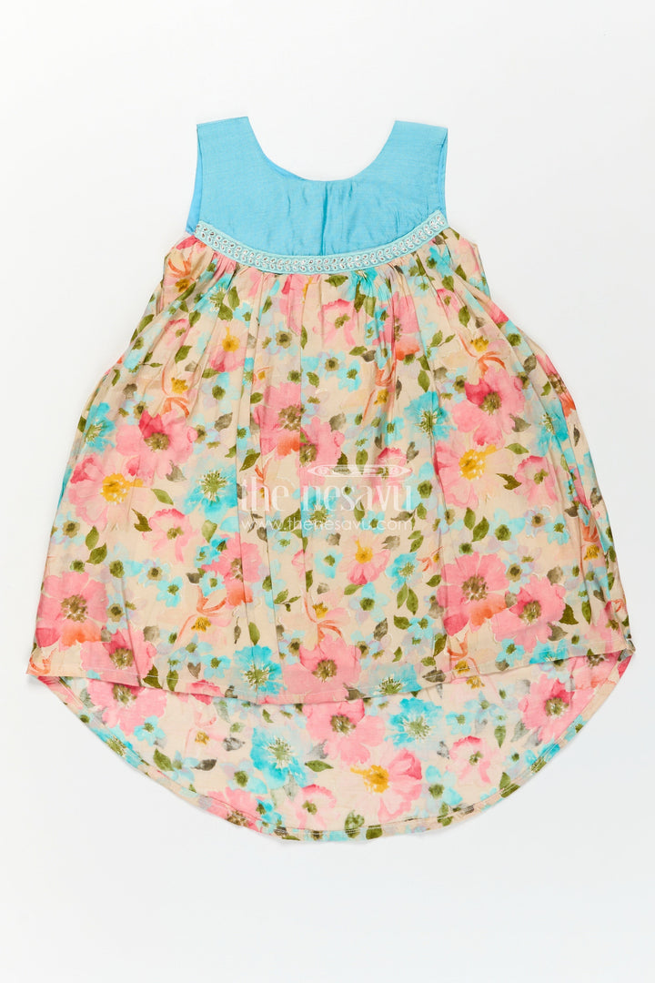 The Nesavu Girls Chanderi Frock Girls Printed Viscose Frock with Bright Floral Motifs and Blue Yoke in Long Frock for Party Wear Style Nesavu Girls Long Frock Party Wear Floral Printed Viscose Blue Embroidered Yoke Flowy Fit | The Nesavu