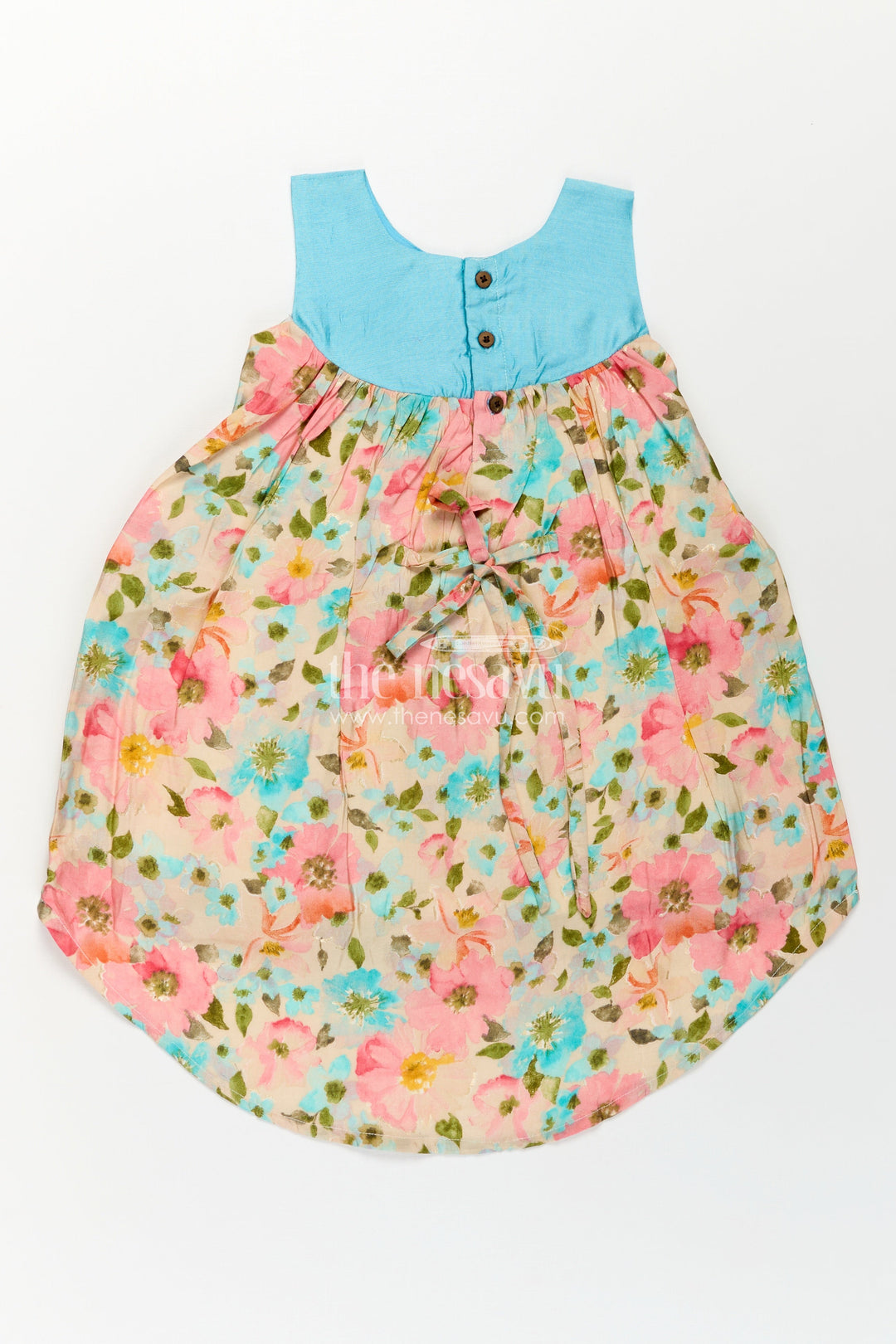 The Nesavu Girls Chanderi Frock Girls Printed Viscose Frock with Bright Floral Motifs and Blue Yoke in Long Frock for Party Wear Style Nesavu Girls Long Frock Party Wear Floral Printed Viscose Blue Embroidered Yoke Flowy Fit | The Nesavu