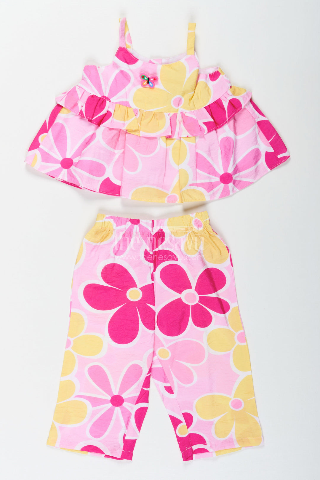 The Nesavu Girls Casual Set Girls Printed White Top with Matching Floral Pant Set in Bright Cotton Fabric Nesavu 14 (6M) / pink GPS596A-14 Girls Printed White Top Set with Floral Cotton Pants in Yellow and Pink Hues | The Nesavu