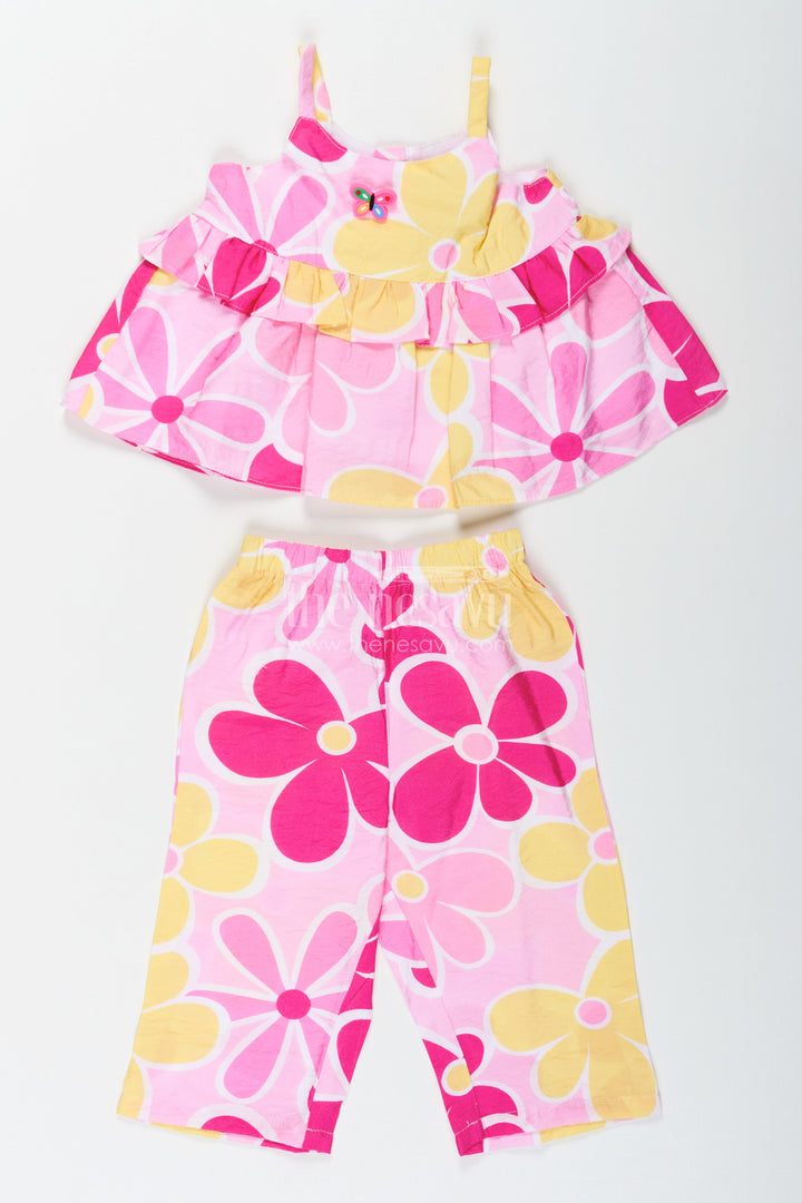 The Nesavu Girls Casual Set Girls Printed White Top with Matching Floral Pant Set in Bright Cotton Fabric Nesavu 14 (6M) / pink GPS596A-14 Girls Printed White Top Set with Floral Cotton Pants in Yellow and Pink Hues | The Nesavu