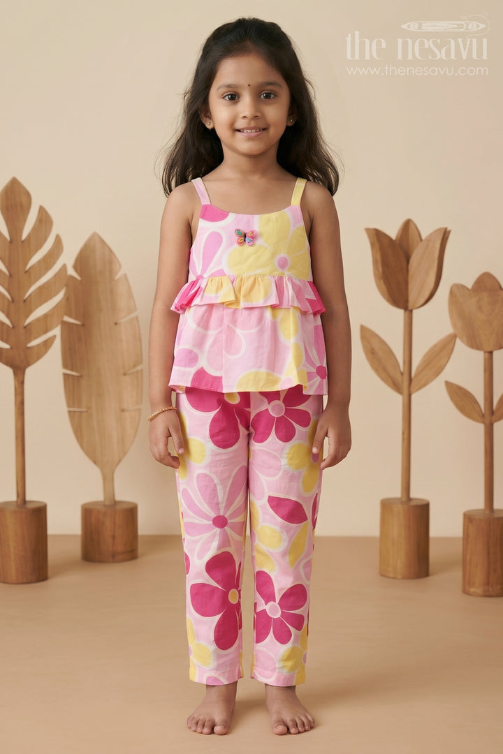 The Nesavu Girls Casual Set Girls Printed White Top with Matching Floral Pant Set in Bright Cotton Fabric Nesavu 14 (6M) / Pink GPS596A-14 Girls Printed White Top Set with Floral Cotton Pants in Yellow and Pink Hues | The Nesavu