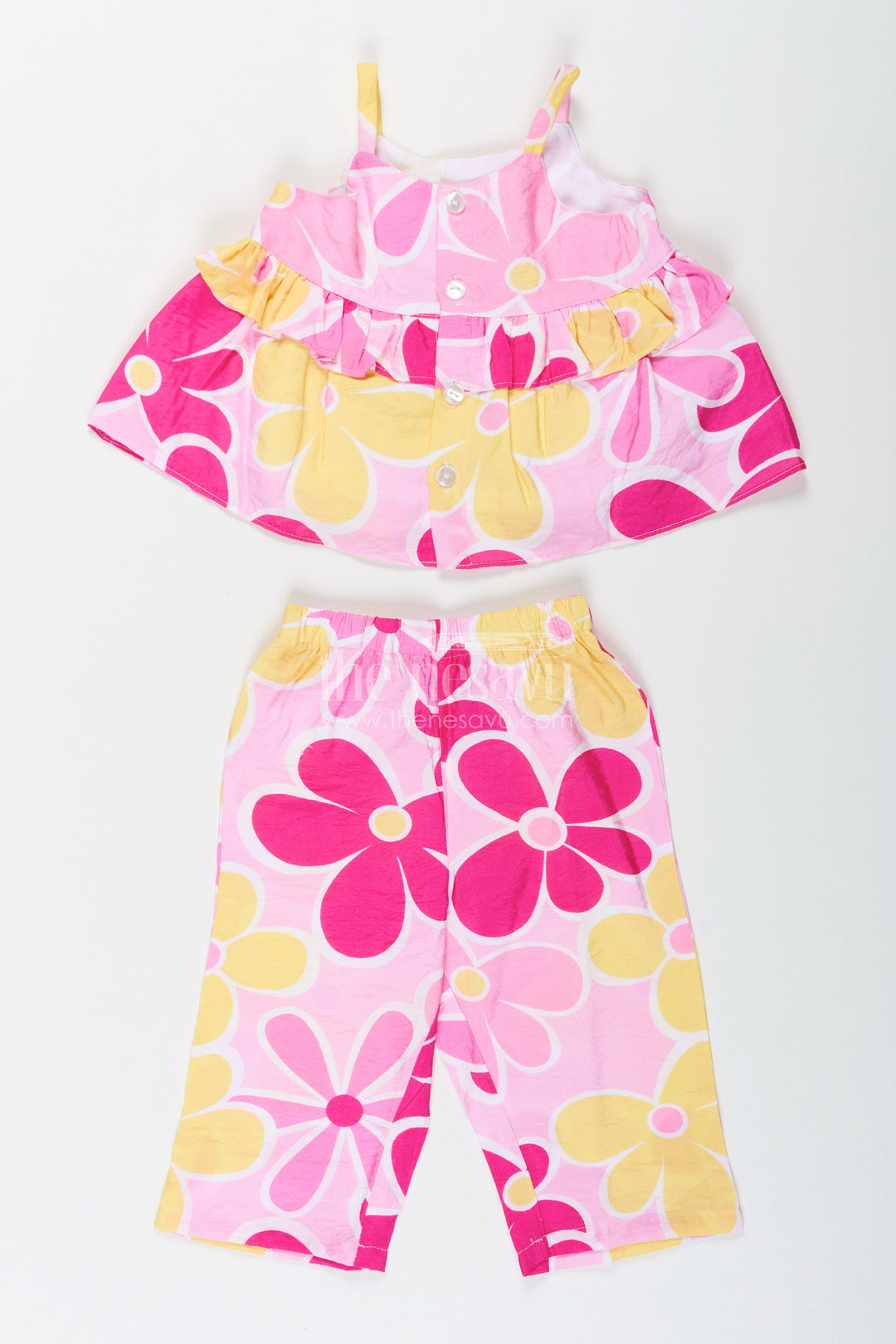 The Nesavu Girls Casual Set Girls Printed White Top with Matching Floral Pant Set in Bright Cotton Fabric Nesavu Girls Printed White Top Set with Floral Cotton Pants in Yellow and Pink Hues | The Nesavu
