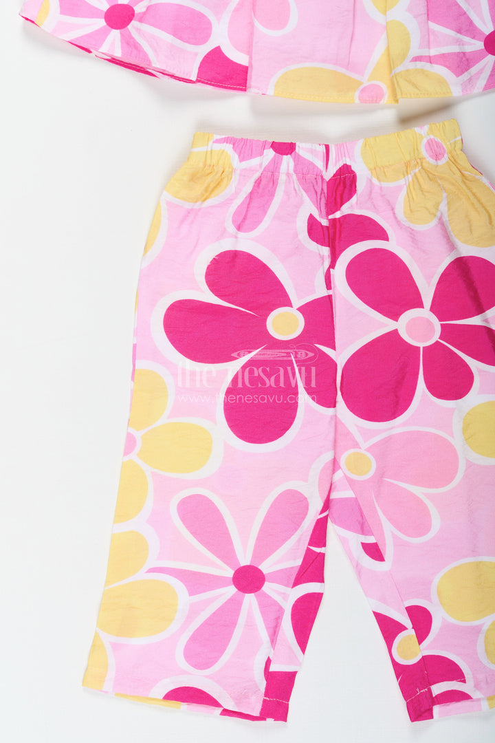 The Nesavu Girls Casual Set Girls Printed White Top with Matching Floral Pant Set in Bright Cotton Fabric Nesavu Girls Printed White Top Set with Floral Cotton Pants in Yellow and Pink Hues | The Nesavu